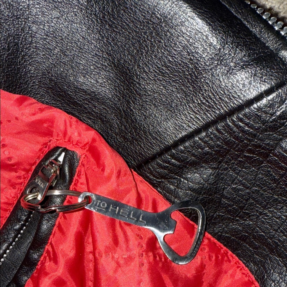 SOLD  Straight To Hell Black Biker Jacket with Red Lining - Picture 4 of 5